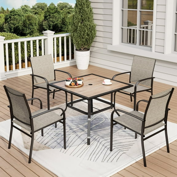 5-Piece Outdoor Patio Dining Set with 4 Textilene Chairs & 1 Wood Grain Table, Black & Gray-brown