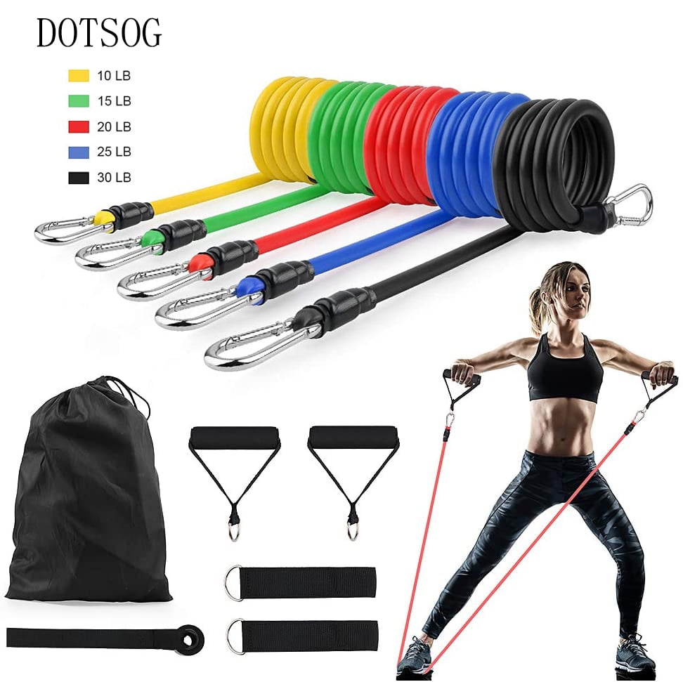 Resistance Bands Set,11Pcs Elastic Workout Exercise Bands with Handle Door Anchor Ankle Straps Carry Bag for Home Gym Yoga Exercise Fitness（150lbs）