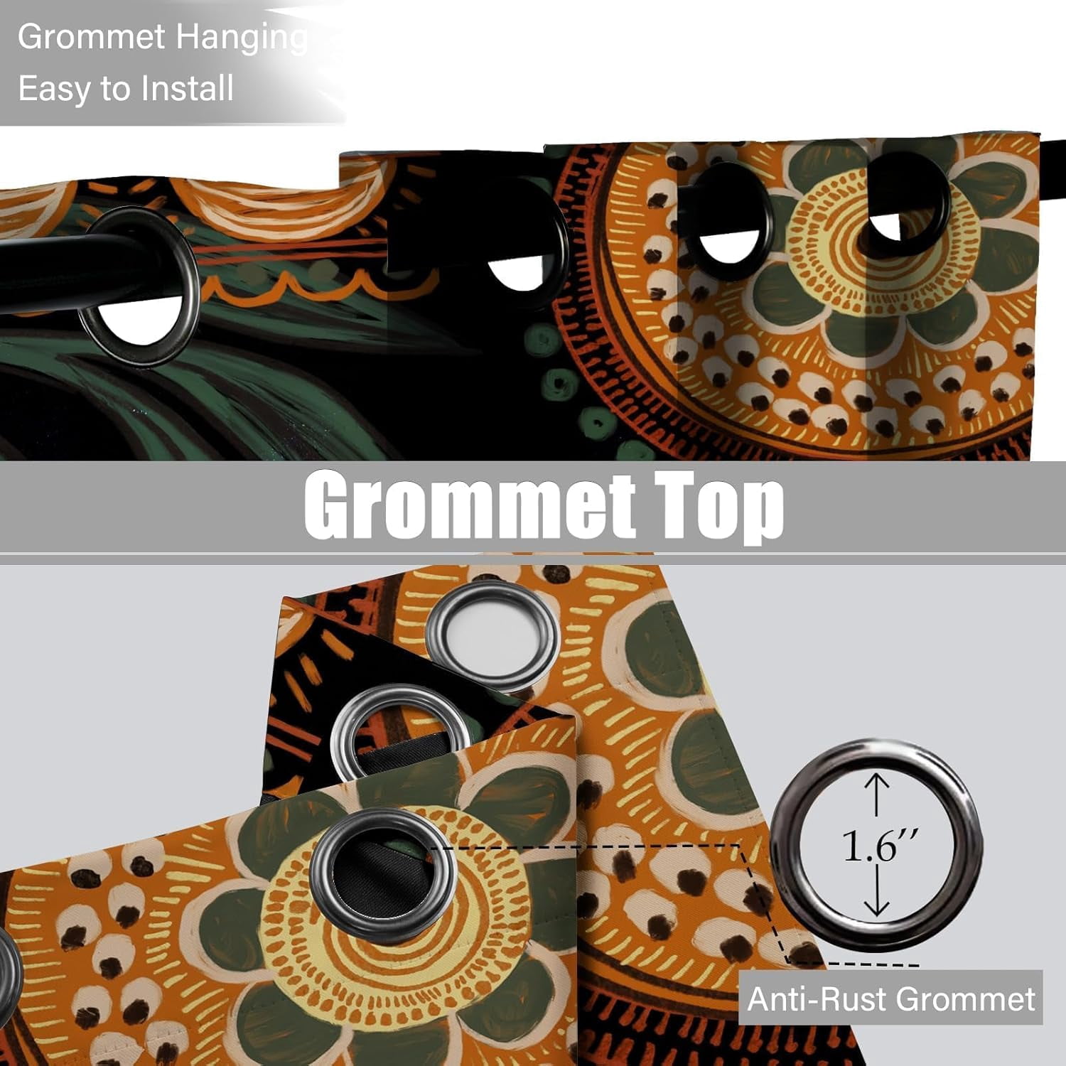Tyrot 2 Panels Black Boho Floral 100% Blackout Curtains for Living Room Grommet Curtains, 52" x 84"
