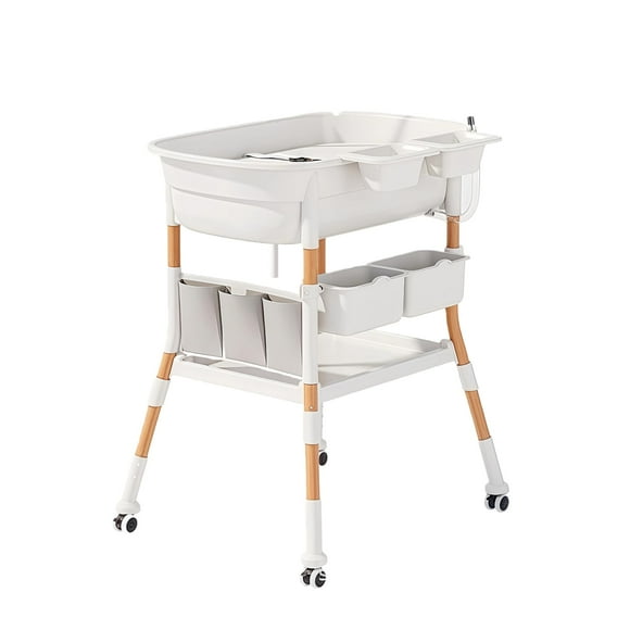 Cambiador para Bebe, Cambiador Impermeable Portátil con Ajustable en 3 Alturas, Cojín, 4 Canasta de Almacenamiento, 3 Bolsa de Almacenamiento, 360°Ruedas,77 * 66 * 96cm