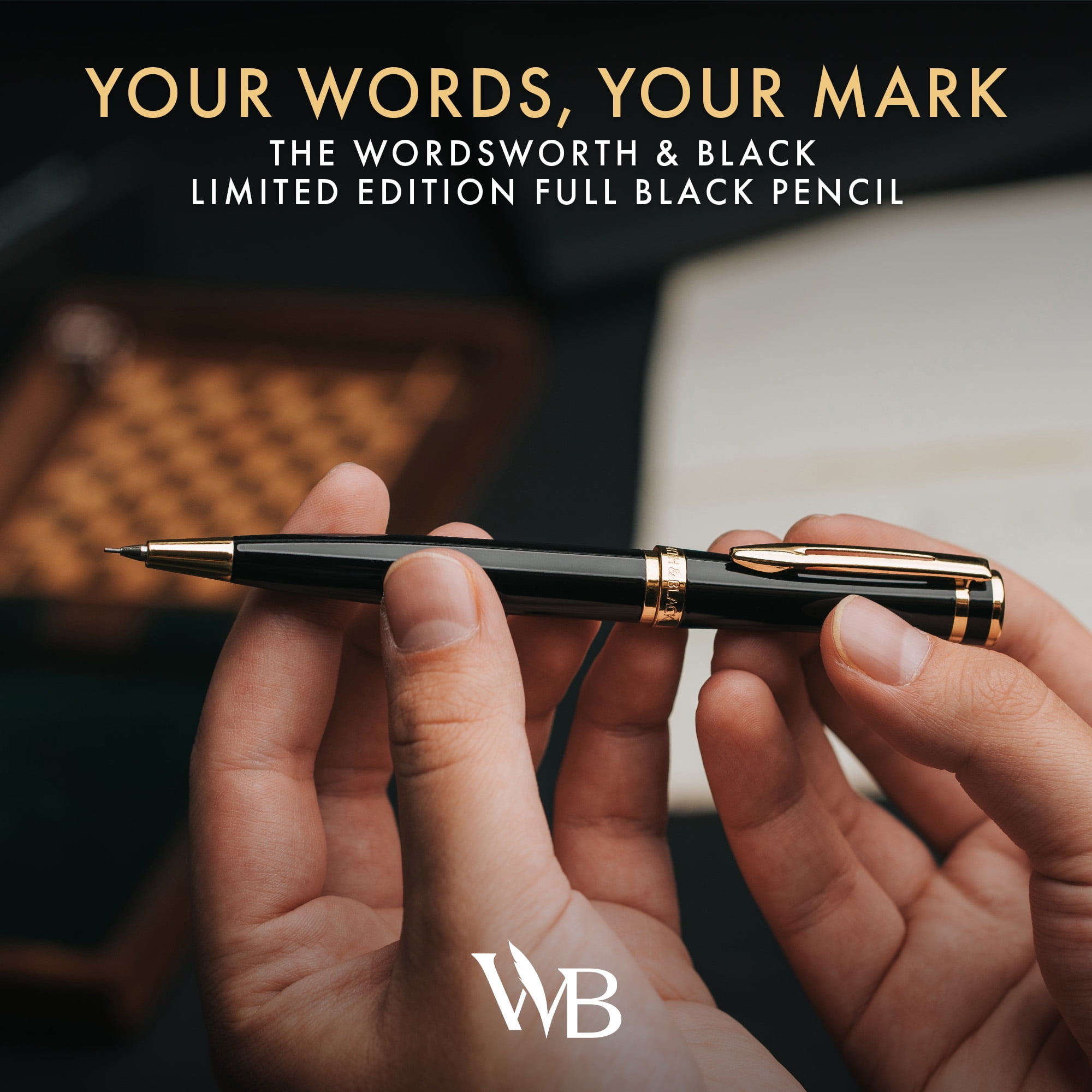 Wordsworth & Black Luxury Erudite Mechanical Pencil Set- Refillable Pencil, Gift Case; Journaling, Calligraphy, Drawing, Smooth Writing [Black Gold]