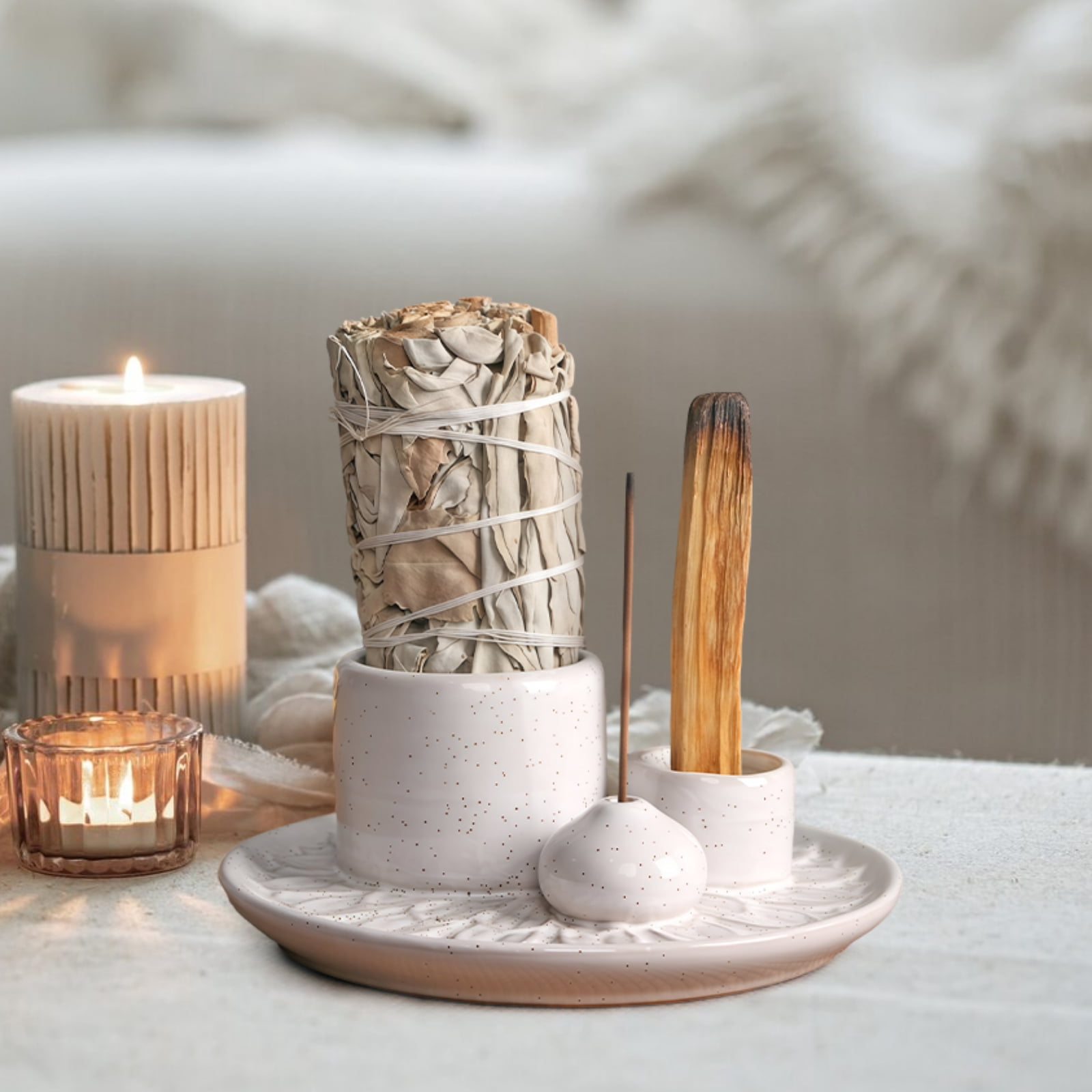Ceramic Incense Burner & Sage Smudge Holder with Ash Catcher Dish