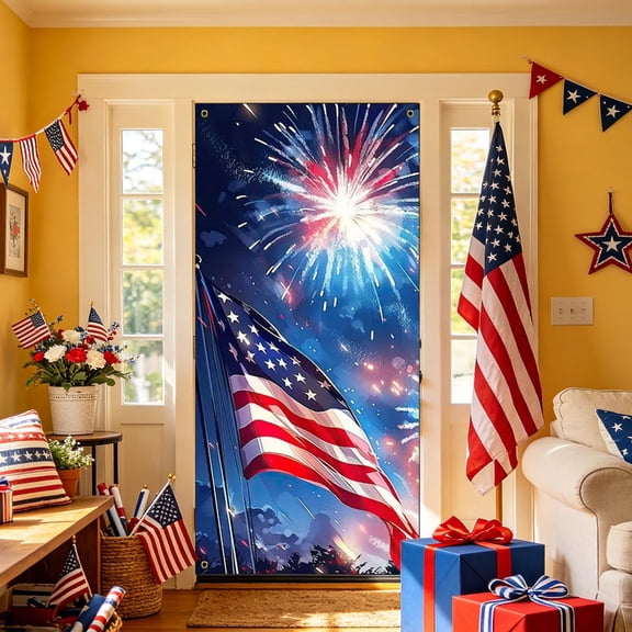 erdimoy Happy 4th of July Patriotic Door Cover Banner, 35×70 Inch Firework & American Flag Backdrop for Independence Day Decor