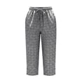 thumbnail image 4 of Gingham Capris for Women Petite Linen Cropped Pant Lightweight Dressy Casual Wide Leg Elastic Waist Summer Pull on Ladies Palazzo Capri Trouser with Pockets Black 3XL, 4 of 6