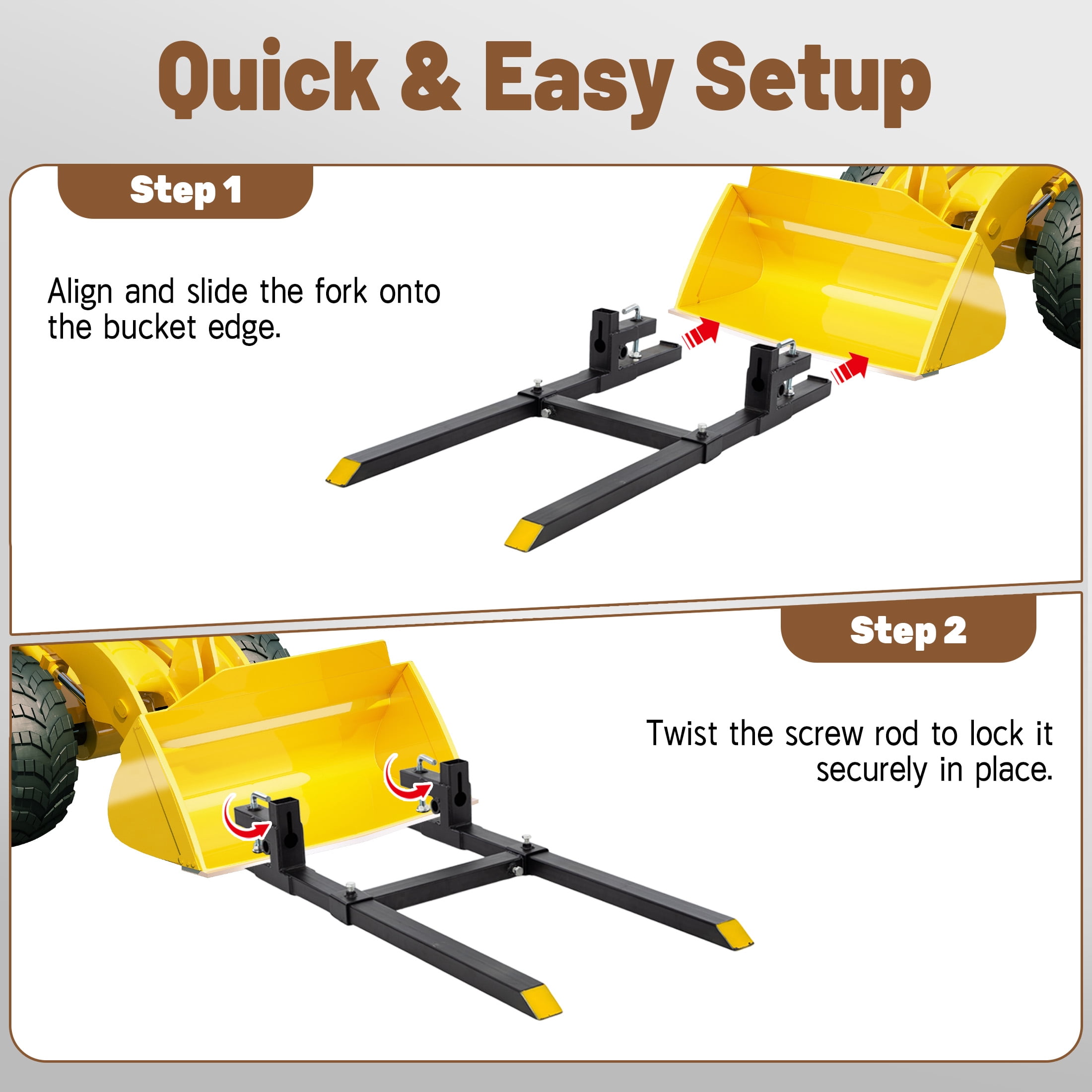 EDX 60" Clamp On Pallet Forks, Heavy Duty 2000lbs Quick Attach, Adjustable Stabilizer Bar for Tractor Attachments, Skid Steer & Loader Bucket