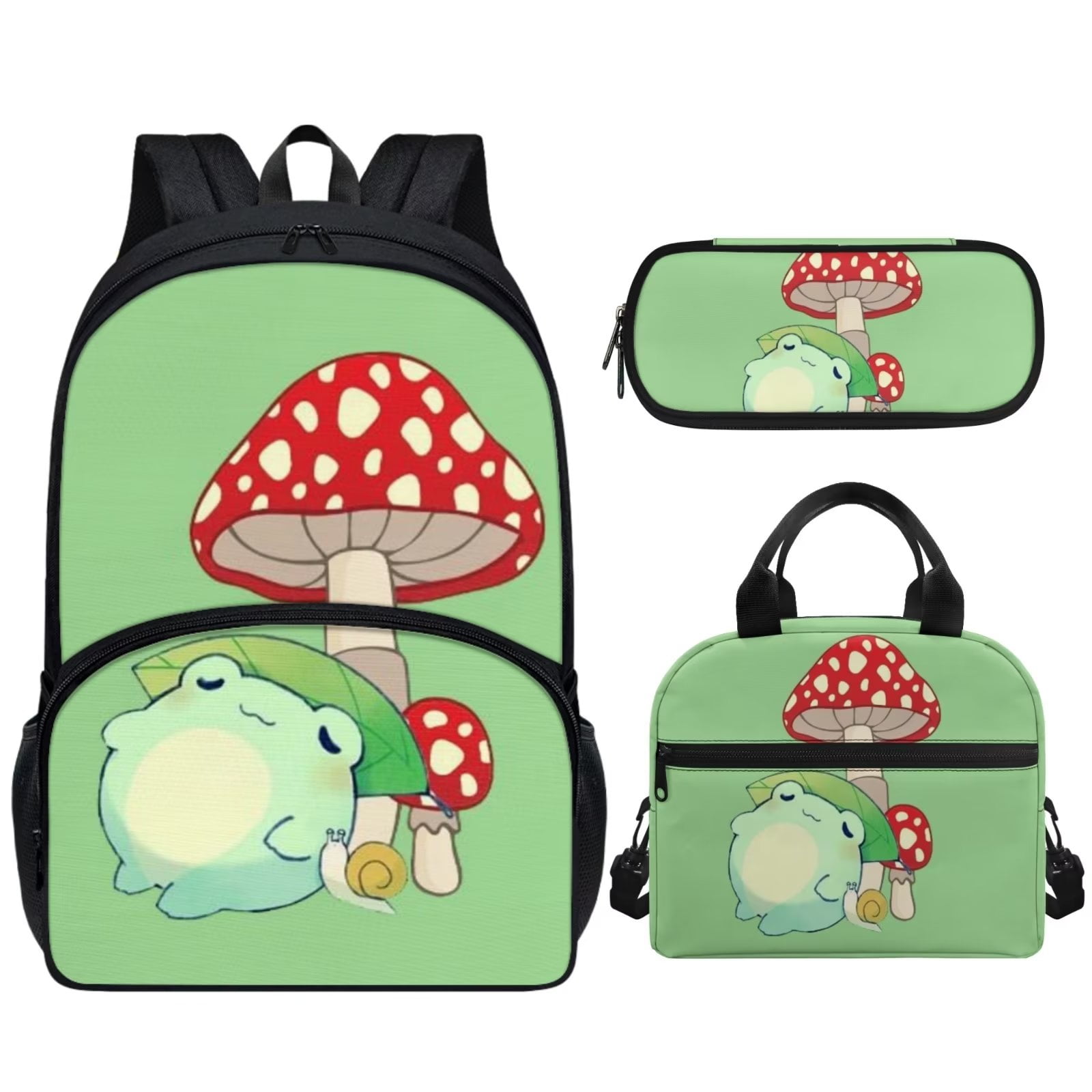FKELYI Mushroom Frog Backpack Set for Girls Bookbags with Lunch Box and