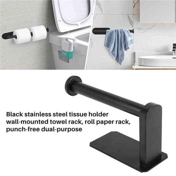 Toilet Paper Holder Self Adhesive Kitchen Washroom Adhesive Toilet Roll Holder No Drilling for Bathroom Stick on Wall Stainless Steel Brushed - Black