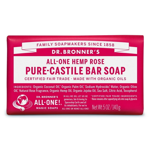 Dr Bronners - Savon en Barre Pur-Castille (Rose 5 Onces) - Fabriqué avec des Huiles Biologiques pour Visage Corps et Cheveux Doux et Hydratant Biodégradable Vegan Sans Cruauté non-OGM