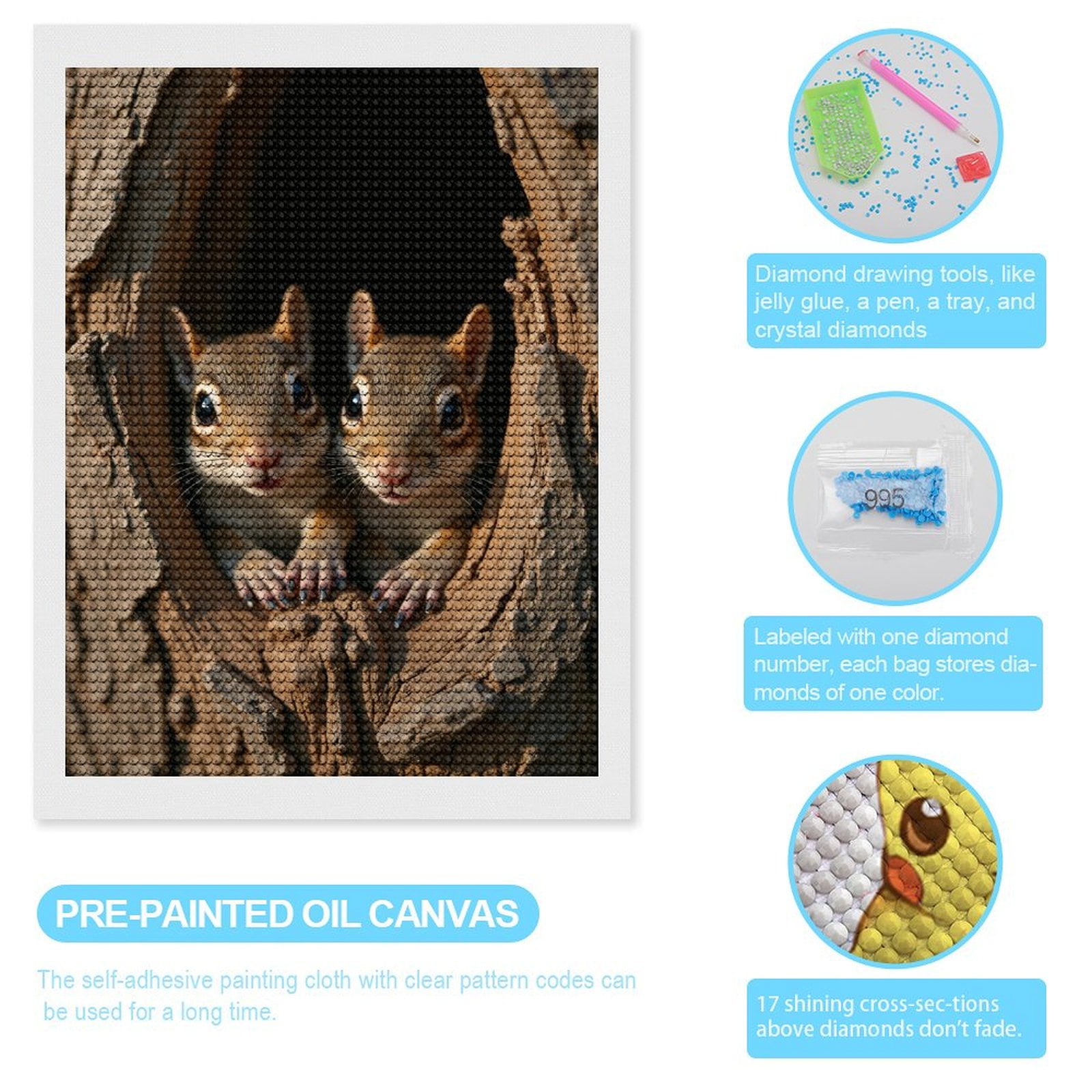 Diamond Art Kits for Adults, Twin Squirrels In Tree Hollow 5D Diamond Painting Kits for Adults Beginners, DIY Full Drill Diamond Painting, Gem Art and Crafts 12x16