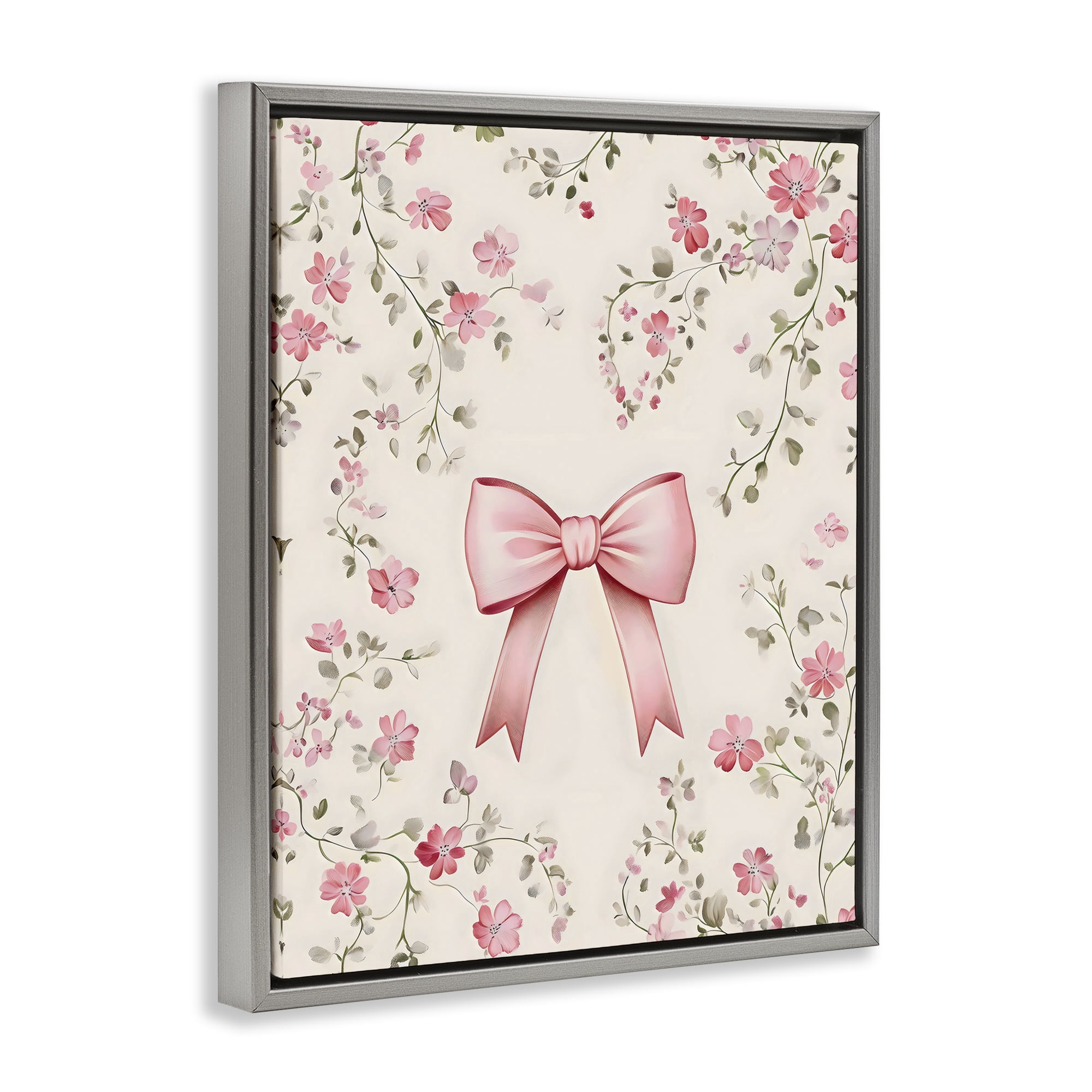Stupell Industries Girly Ribbon Bow Gray Framed Floater Canvas Wall Art, design by Arlington Prints