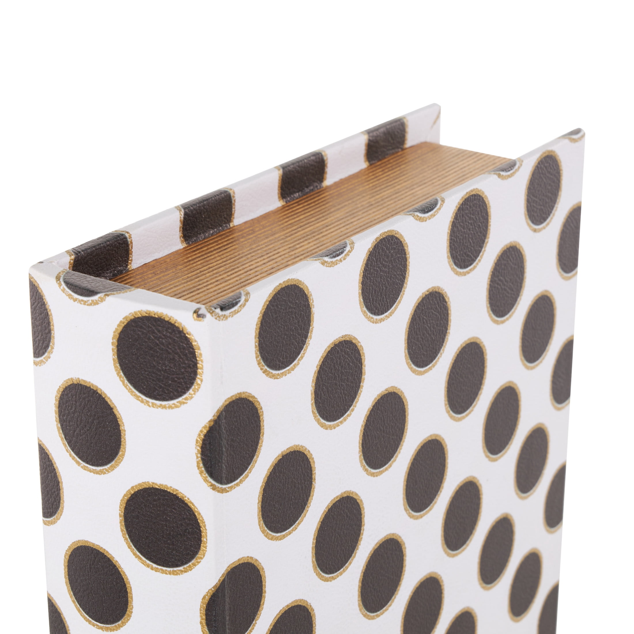 DecMode Polka Dot Faux Book Storage White Faux Leather Decorative Box with Black and Metallic Gold Accents, 3 Count