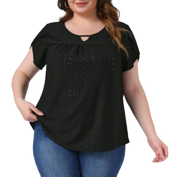 DARING DIVA Women's Plus Pleated Front Key Hole Neck Loose Fit Top 3X Black