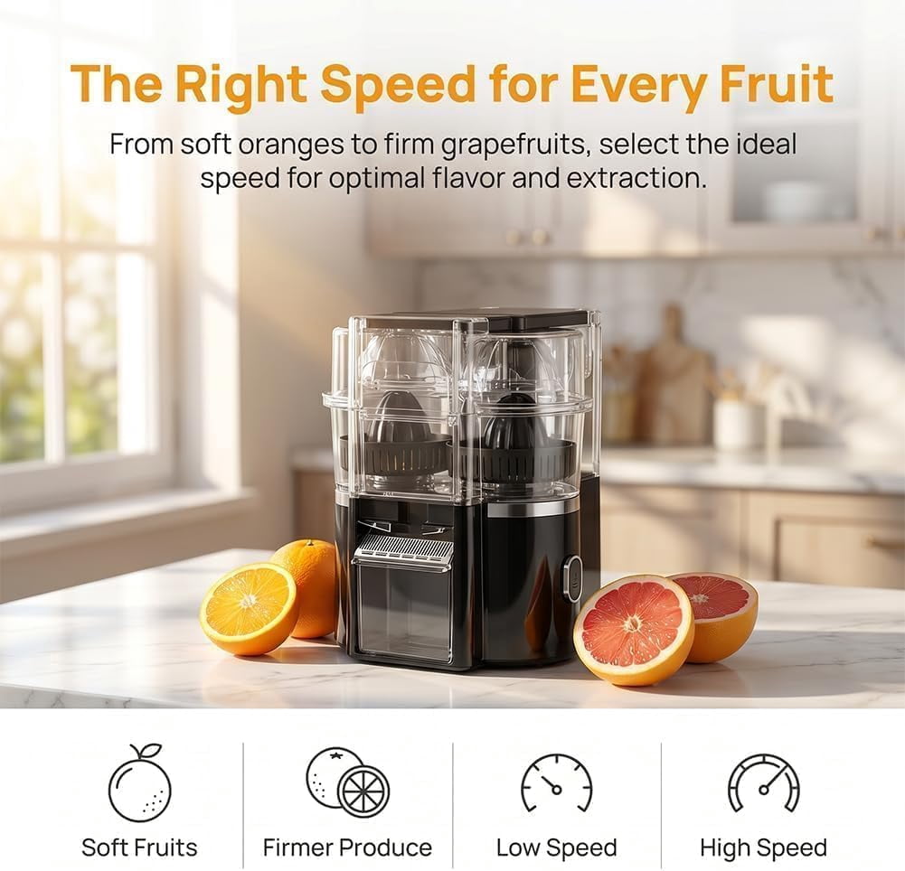 Dual-Head Automatic Citrus Juicer, 2026 Upgraded Detachable Dual-Head Electric Citrus Juicer with Built-in Cutter and Cleaning Brush, Electric Orange Juicer Machine for Home (Black)
