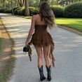 thumbnail image 2 of Women'S Spaghetti Strap Bodysuit Lace-Up V-Neck Halter Top Ruffle Shorts Jumpsuit Club Party Bodysuit Brown L, 2 of 4