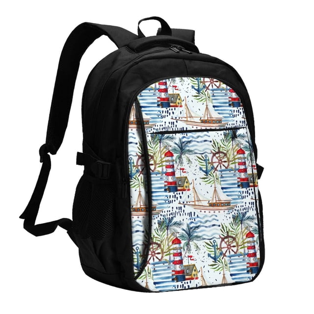 Balery Watercolor Sailboat Mochila con carga USB para hombre y mujer - Mochila impermeable y antirrobo para laptop con puerto USB para viajes, trabajo