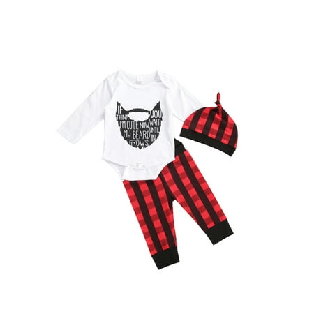 

3Pcs Baby Boy Casual Outfits Letter Print Long Sleeve Jumpsuit+Plaid Trousers+Hat Clothing Suit