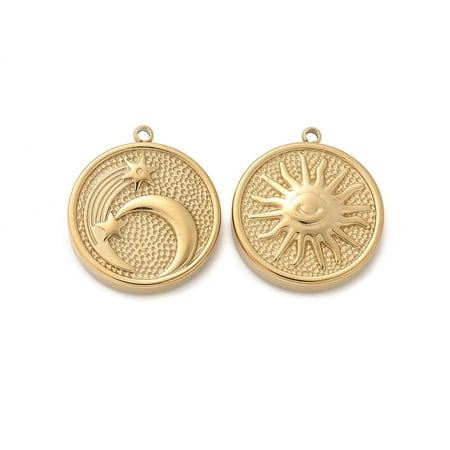 10pcs 304 Stainless Steel Pendants Flat Round with Moon & Sun Charms Real 14K Gold Plated 20.5x18x4.5mm Hole: 1.4mm