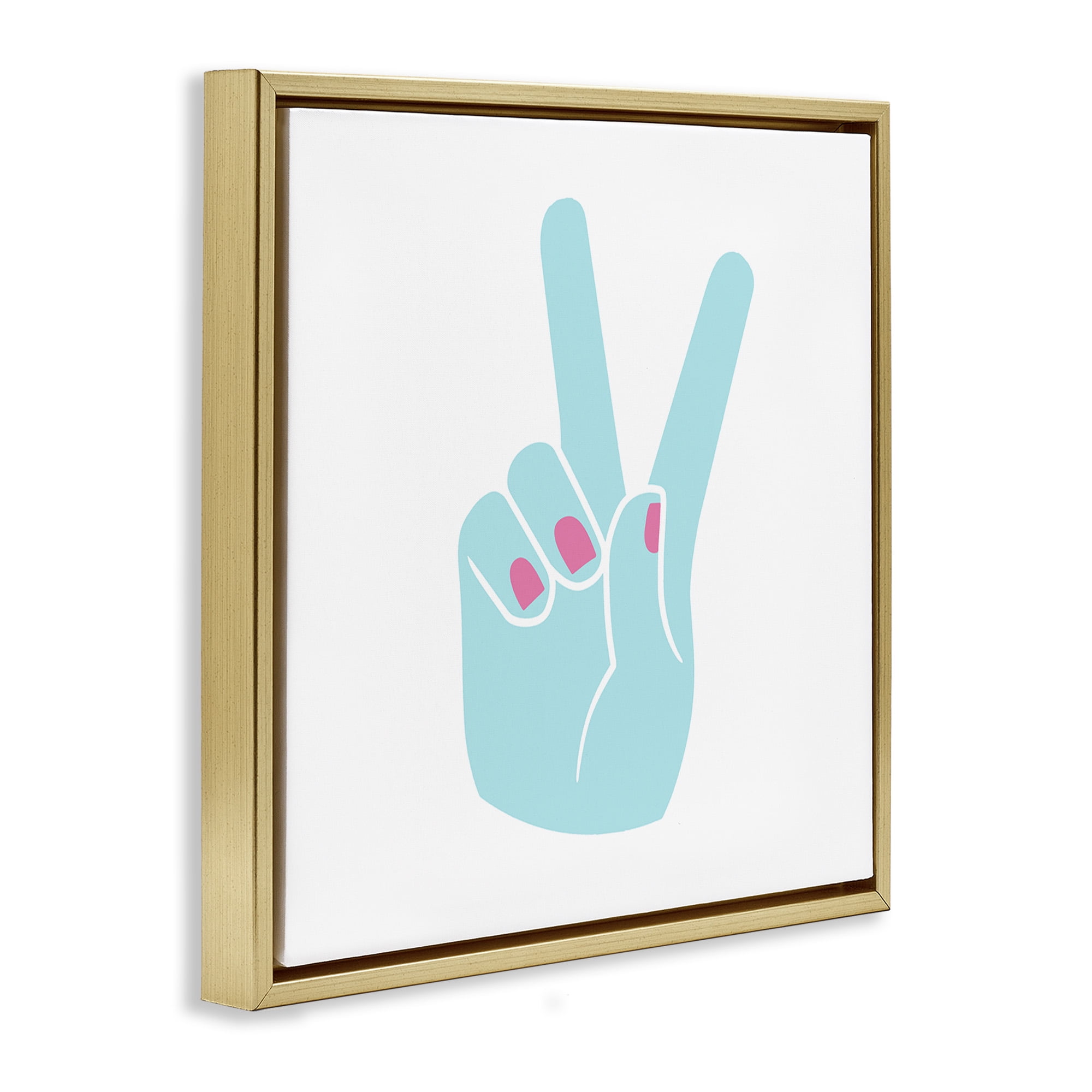 Stupell Industries Peace Hand with Nail Polish Art for Kids Painting Gold Floater Framed Canvas Art Print Wall Art, 18 x 18