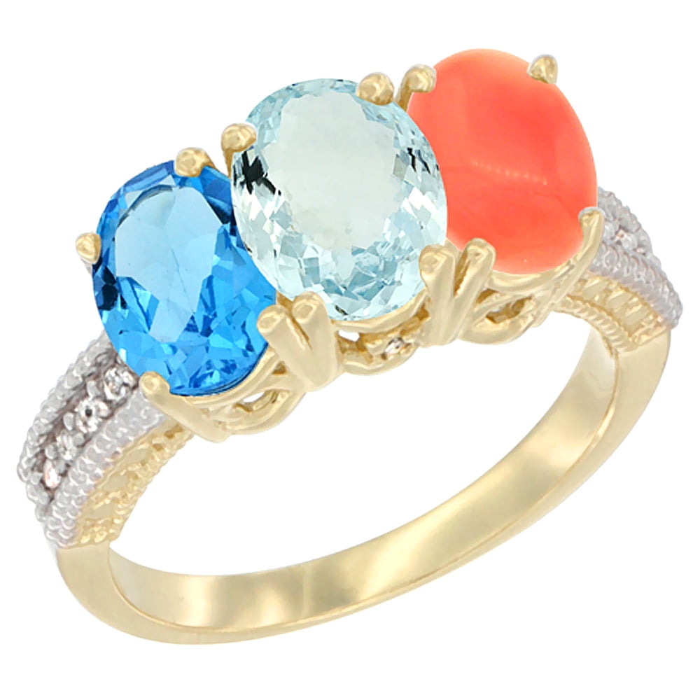 10K Yellow Gold Diamond Natural Swiss Blue Topaz, Aquamarine & Coral Ring 3-Stone Oval 7x5 mm, sizes 5 10 by WorldJewels