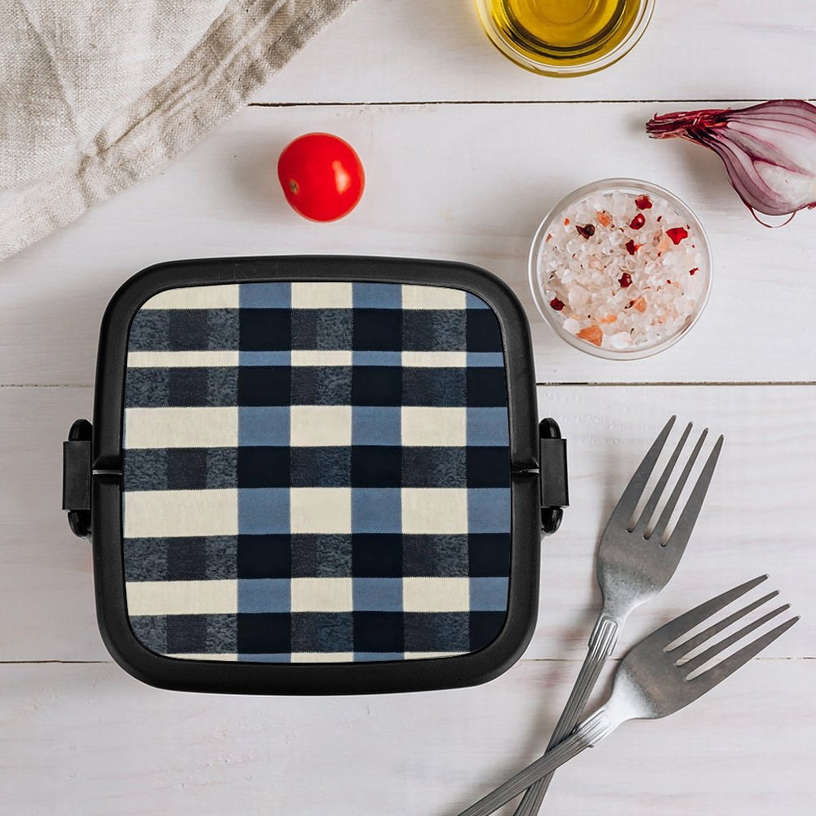 5.3×4.3in Double-Layer Bento Box Sealing Leakproof Partition Design Buckle Design Convenient Switch With Handle SlateBlue Buffalo Plaid Check Tartan Scotland_1