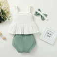 thumbnail image 5 of Scyoekwg Baby Girl Cute Infants Toddler Baby Girls Clothes Solid Color Summer Sleeveless Suspender Top Shorts Bow Headband Three-piece Set (White,6-12 Months), 5 of 7
