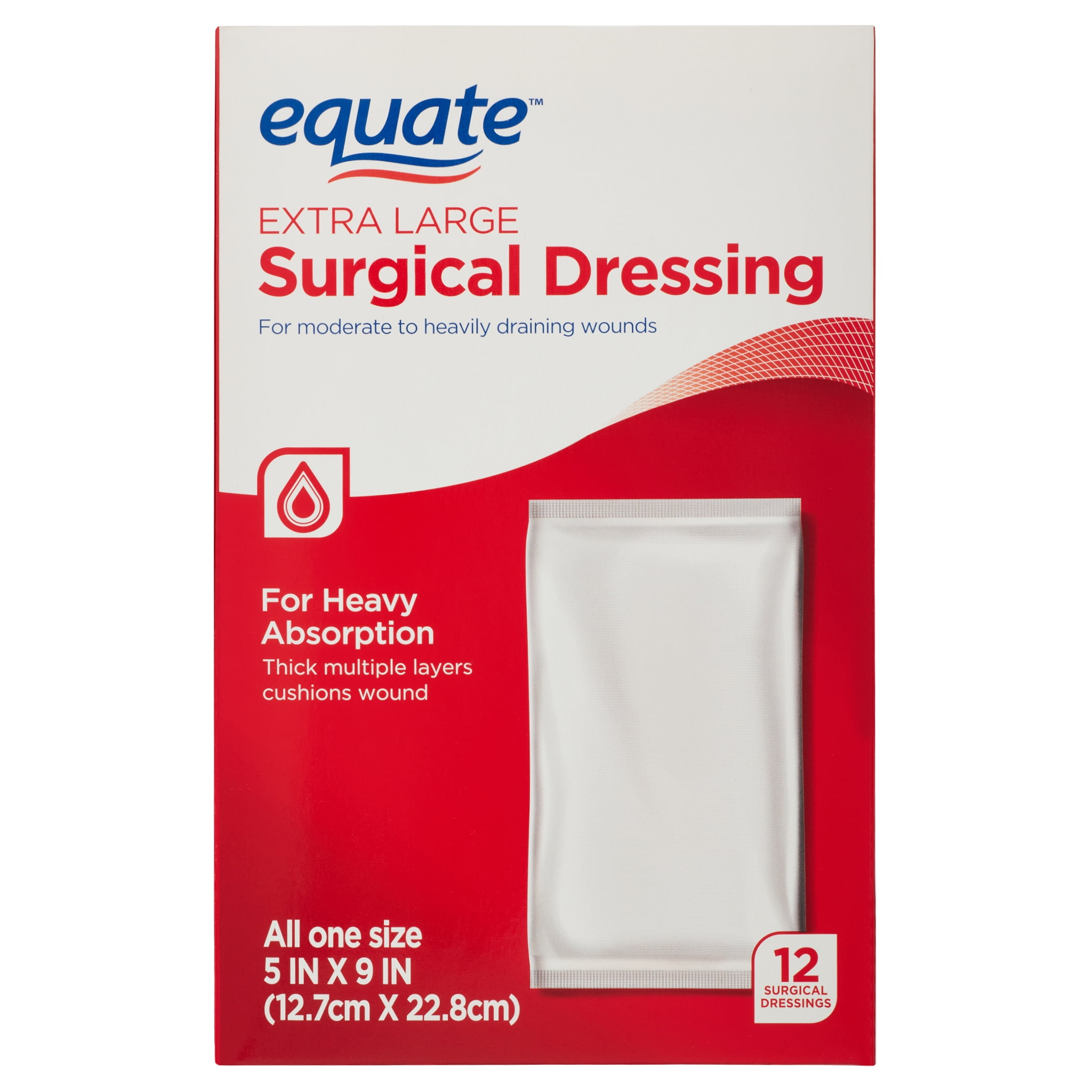 Equate Extra Large Absorbent Surgical Dressing, For Moderate to Heavy Wounds, 12 Count