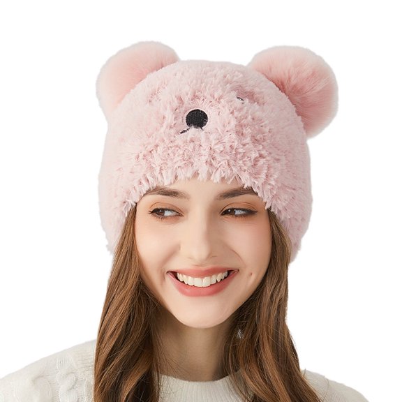 AJGRHE Winter Cute Knit Hat With Bear Ears Ear For Girls Cozy Warm Cold Weather Pink M