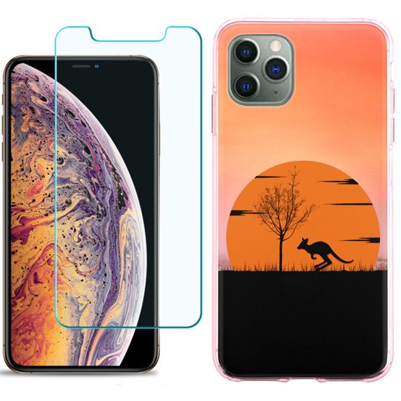 For Apple iPhone 11 PRO Case, Slim-Fit TPU Protective Phone Case (Pink Bezel) with Tempered Glass Screen Protector, by OneToughShield ® - Sunset Kangaroo