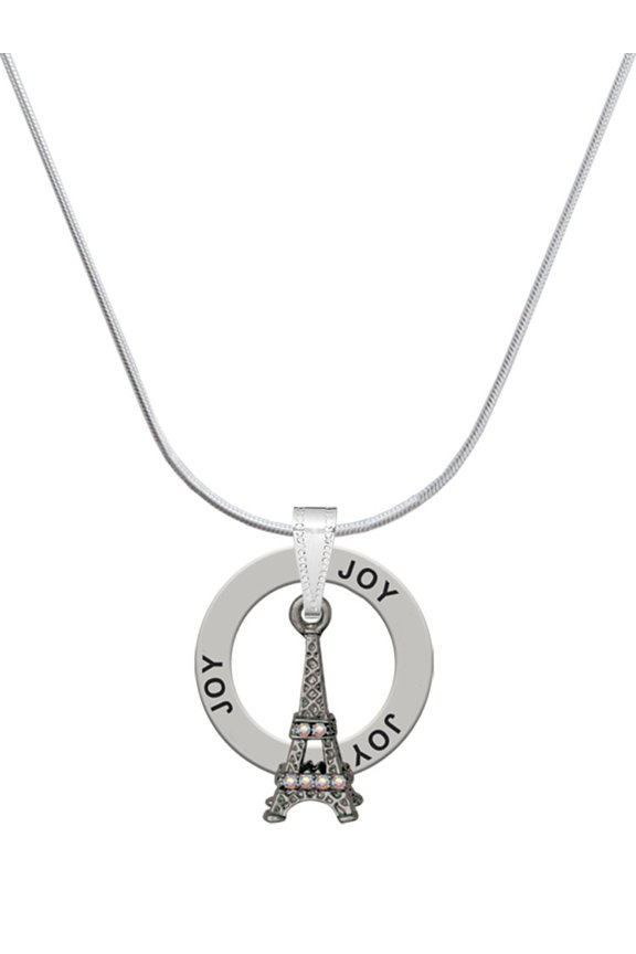 Black Nickeltone AB Crystal Eiffel Tower Joy Ring Charm Necklace, 18"