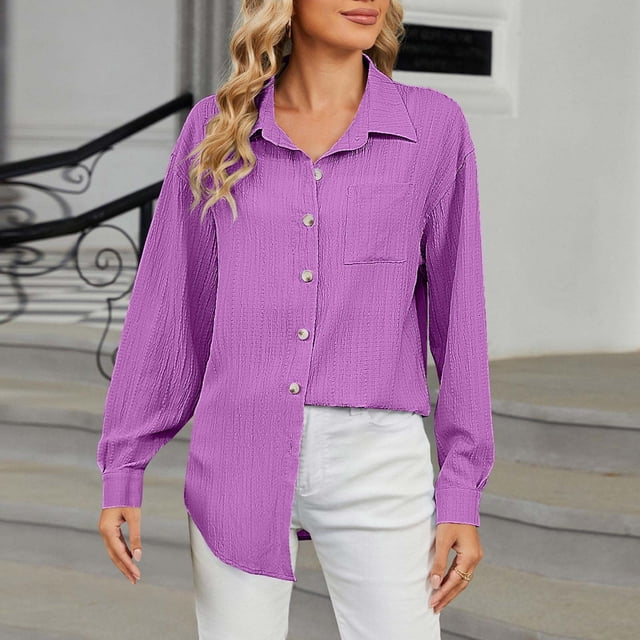 RXIRUCGD Hauts à Col à Revers à Manches Longues Unis pour Femmes, Violet, Taille : L