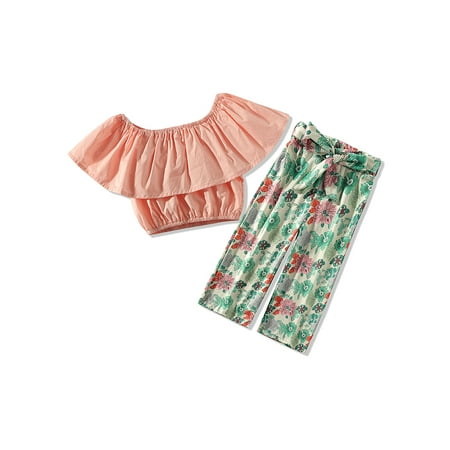 

EYIIYE Toddler Girls Summer Off Shoulder Ruffle Crop Tops + Belted Floral Pants Outfits