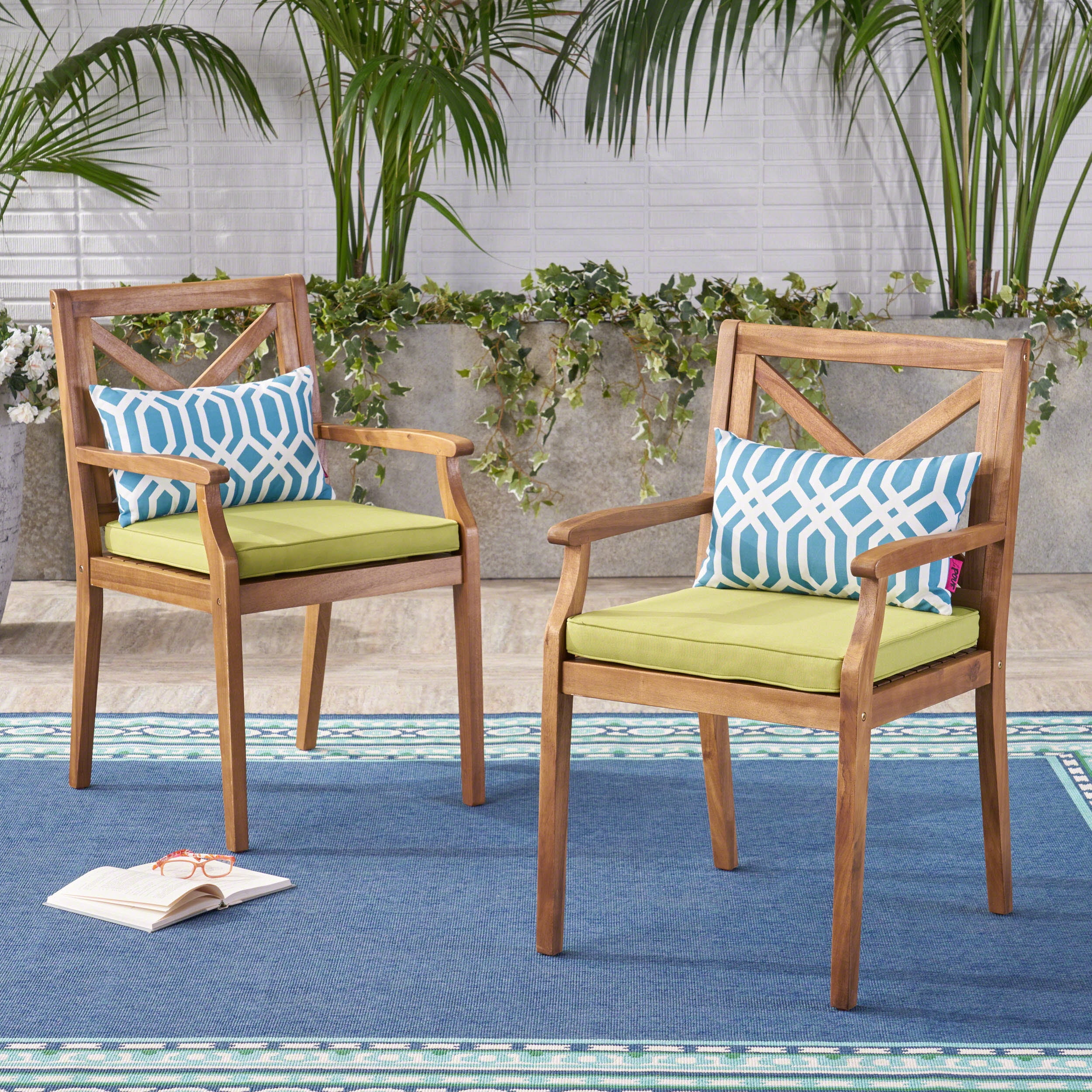 MAYEERTY DINING CHAIR 2PCS with 2 Green Cushions Outdoor Use for Backyard Poolside Garden