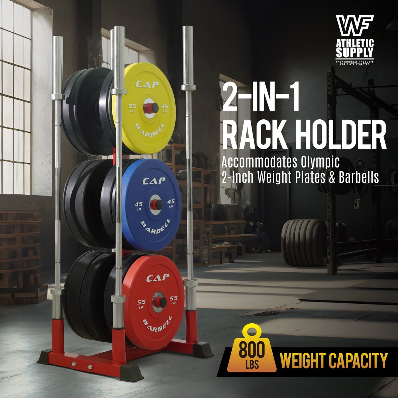 WF Athletic Supply Olympic Bumper Plate Storage Rack, Home Gym 2 Inch Weight Plate Holder, Heavy-Duty Weight Plate Tree with 4 Barbell Holders, 800LB Weight Capacity, Red
