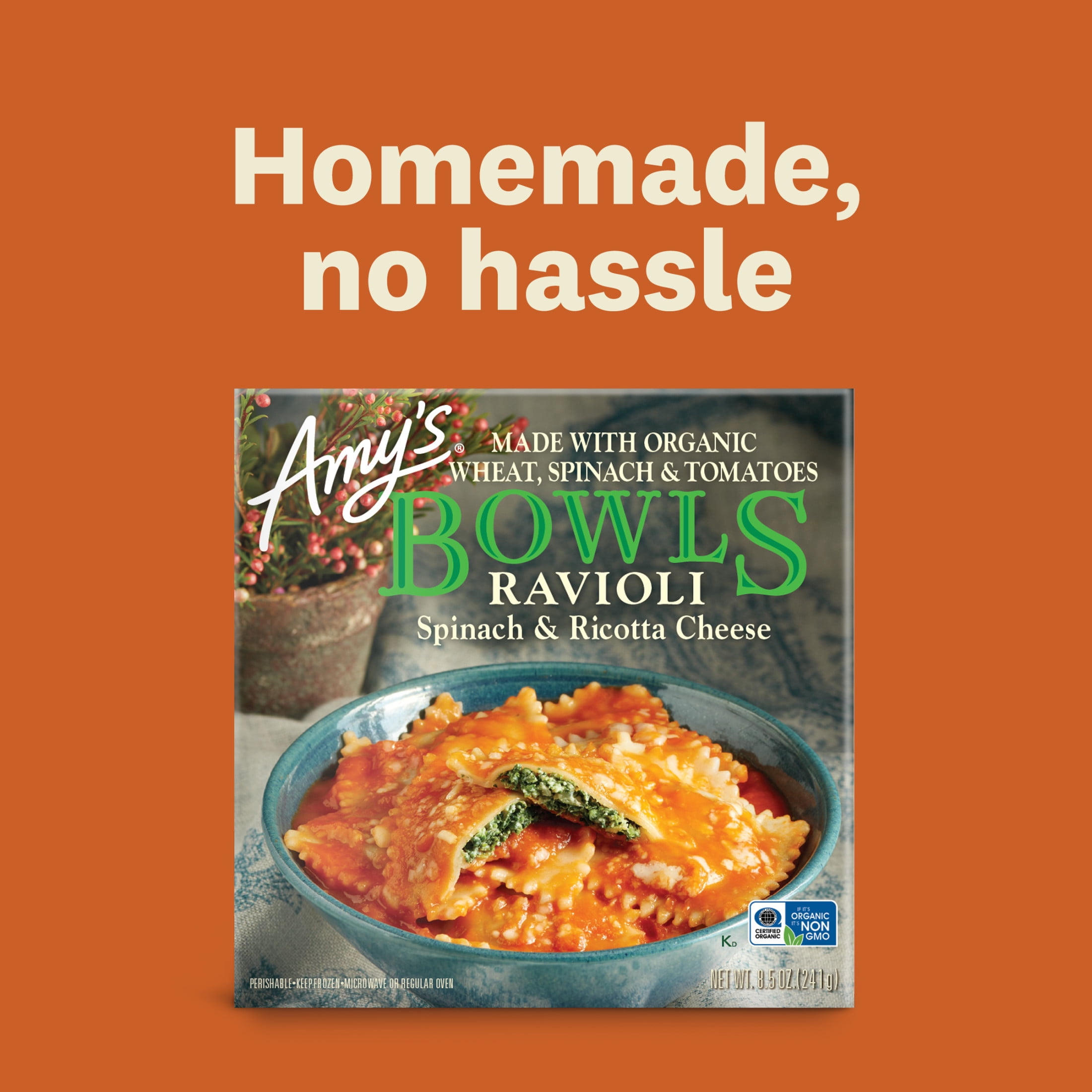 Amy's Frozen Meals, Spinach Ravioli Bowl, Microwave Meals, 8.5 oz