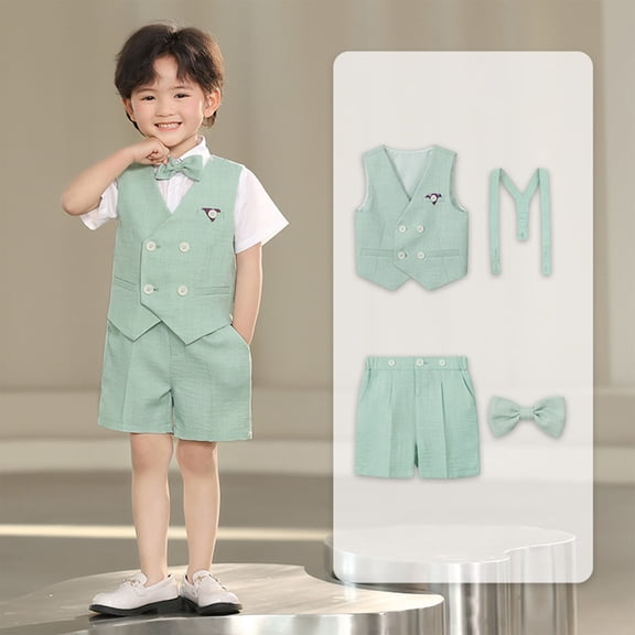 Baby Boys Gentleman Sets 4 Piece Outfits Vest Pants Tie Shoulder Strap Summer Clothing Sets Green 5-6 Years