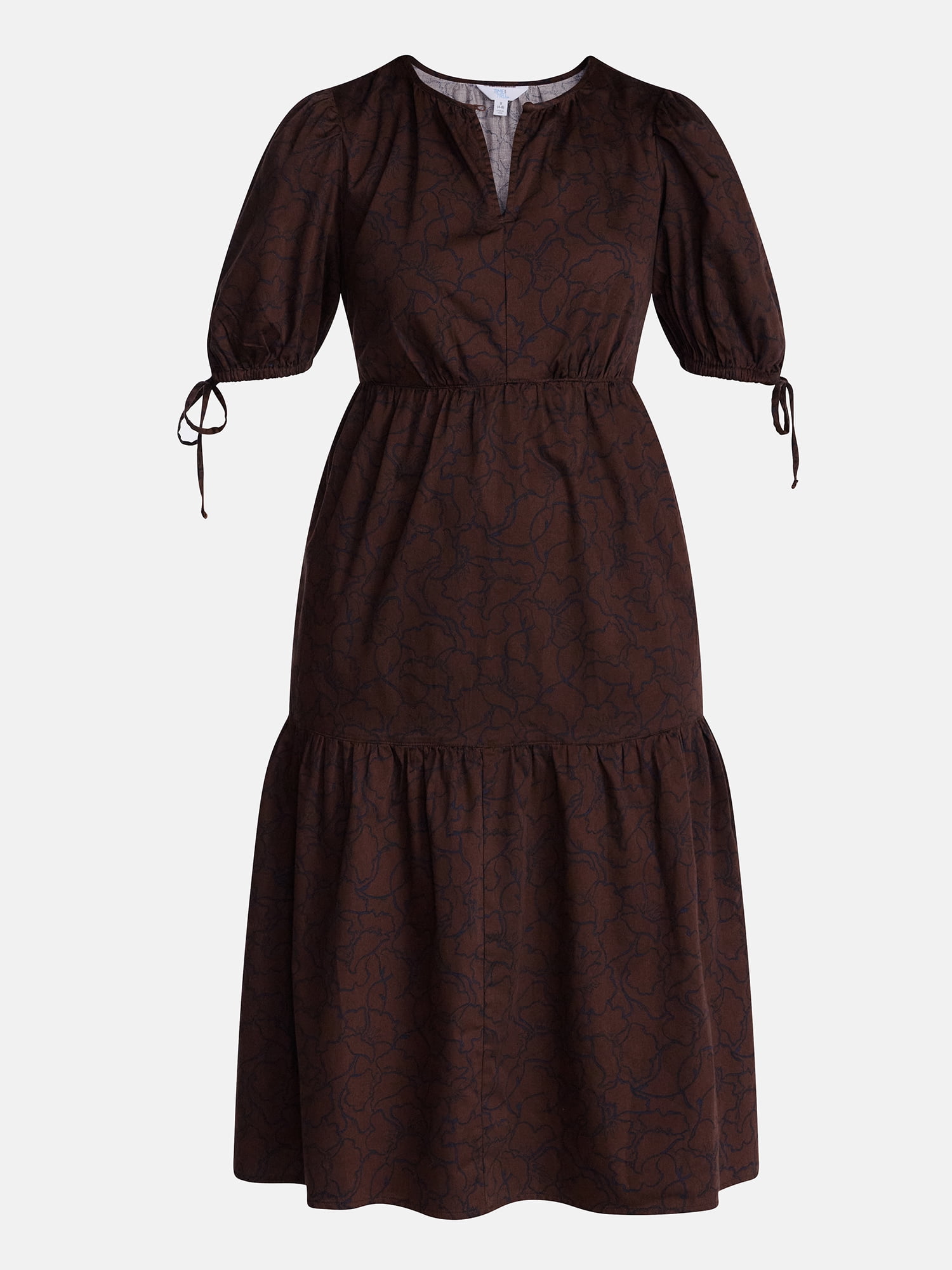 Time and Tru Women's Tiered Midi Dress with Tie Puff Sleeves, Sizes XS-XXXL