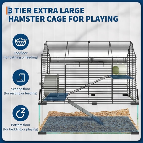 Historyli Metal Hamster Cage, with Transparent Habitats, 3-Tier, with 4PCS Cage Accessories