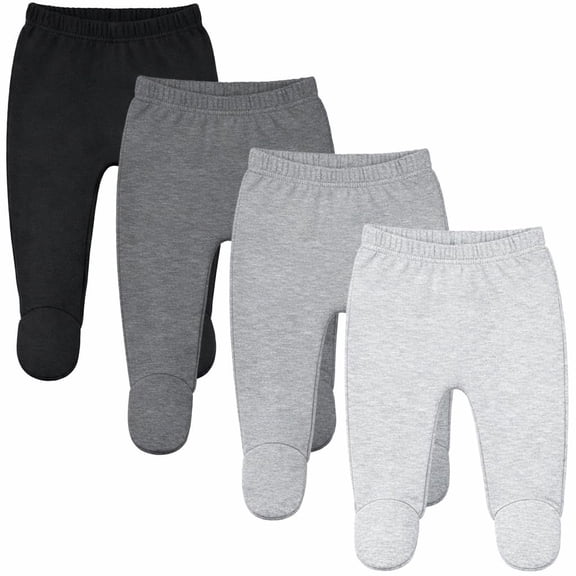 123 Bear Baby Soft Cotton Spandex Pants with Feet, Gray 4-Pack, Newborn