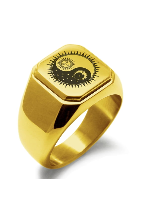 Stainless Steel Sun & Moon Yin Yang Engraved Square Flat Top Biker Style Polished Signet Ring