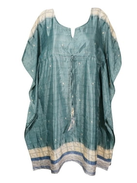 Mogul Women Teal Blue Mid Calf Kaftan Dress Beach Coverup Printed Resortwear Loose Holiday Recycle Sari Caftan Dresses 3X