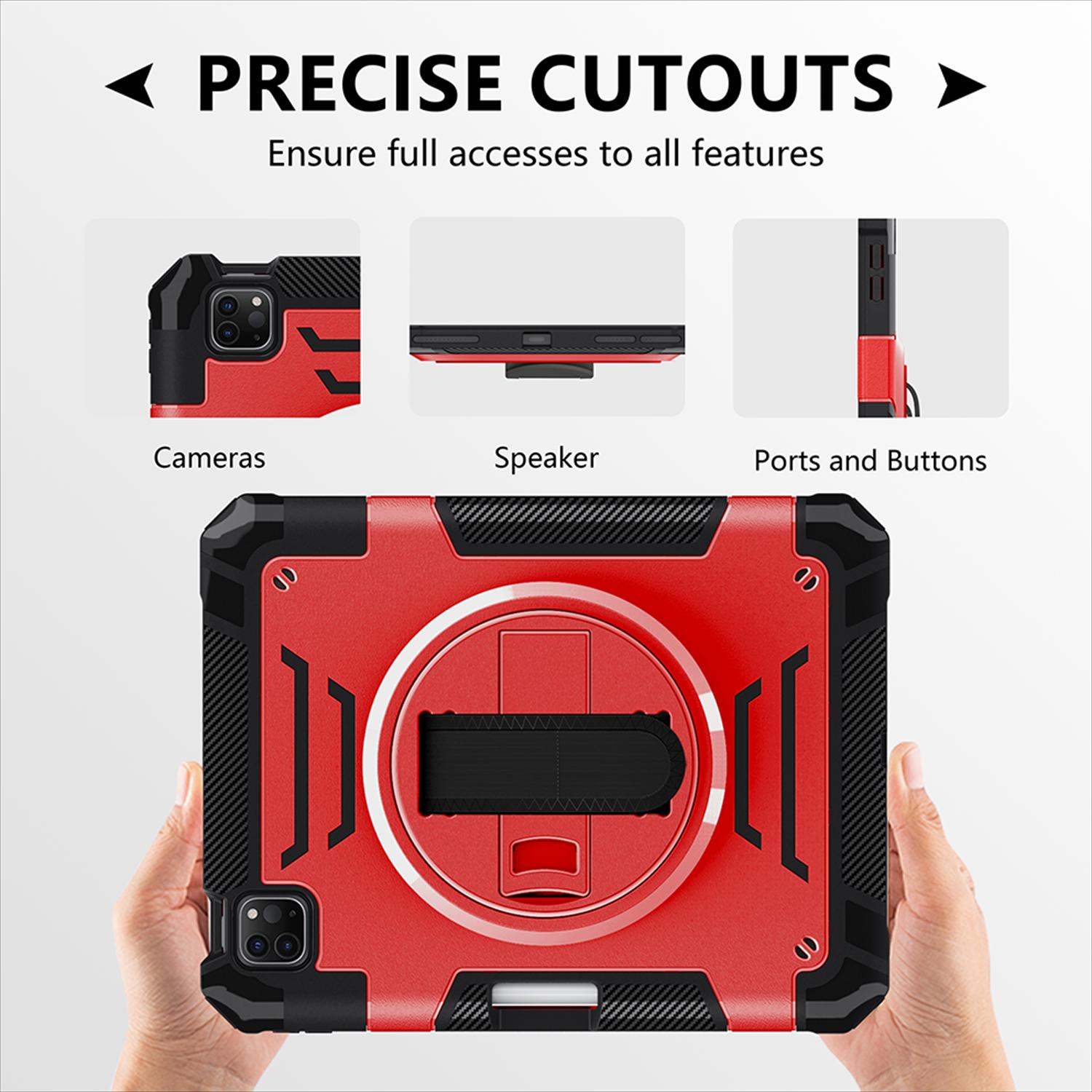 Shockproof Case for Apple iPad Pro 11 Inch 2024 M4, with Pencil Holder Military Grade Protection Rotating Stand Hand Strap Shoulder Strap Bumper Rugged Case for iPad Pro 11" 2024, Red