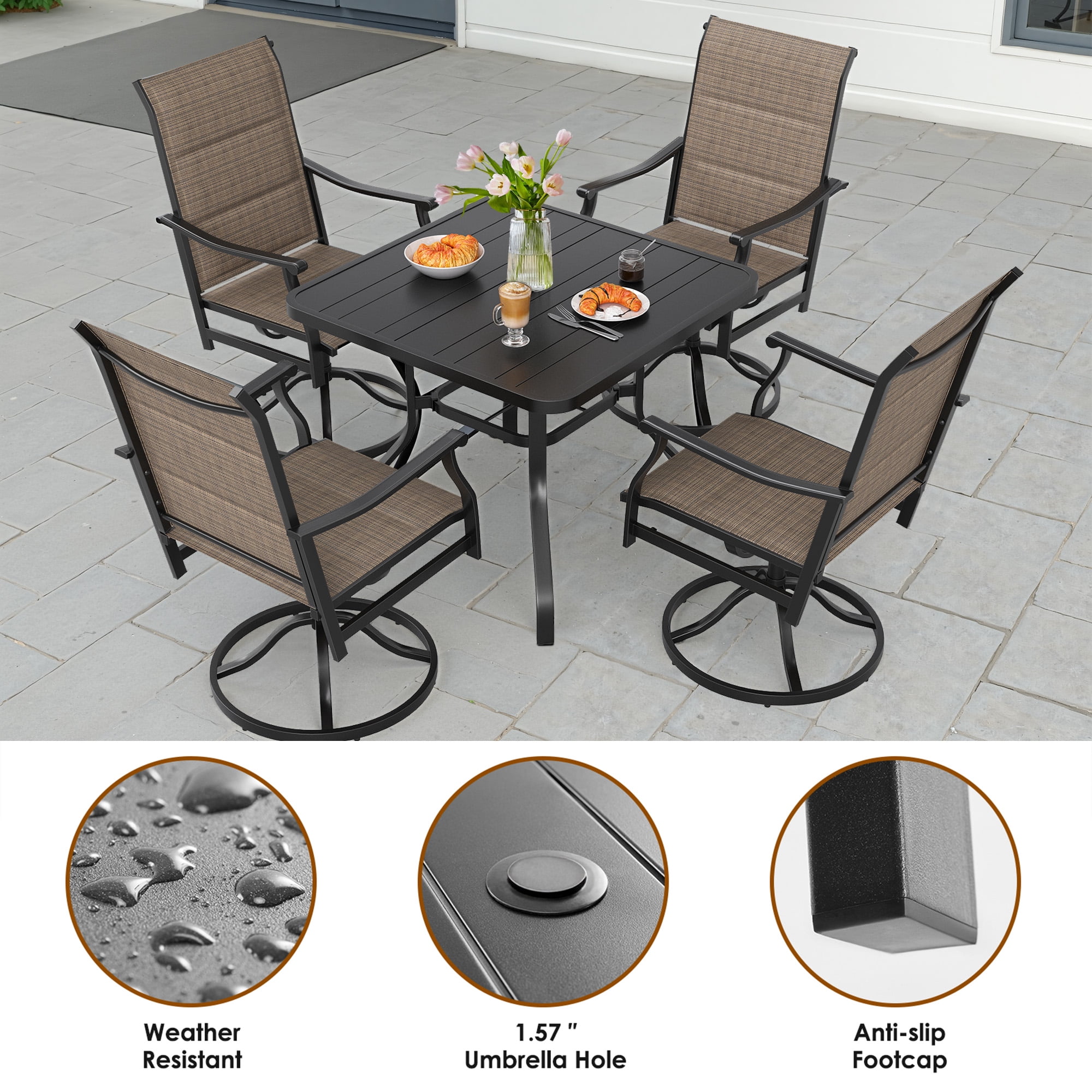 MAYEERTY 5-Piece Patio Dining Set:1 Black Square Table with 1.57" Umbrella Hole & 4 Brown Swivel Paded Textilene Chairs