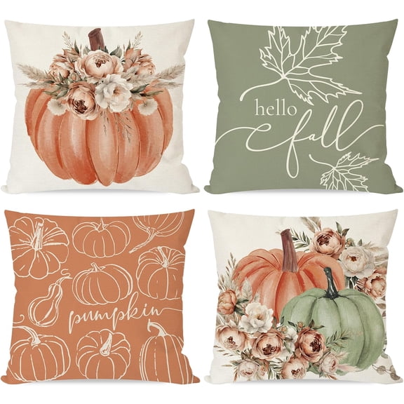 Boho Orange and Sage Green Pumpkin Hello Fall Throw Pillow Covers 18x18 Inch Pampas Floral Outdoor Farmhouse Cottage Autumn Decorations Decorative Pillows Cases Set of 4 for Home Room Decor