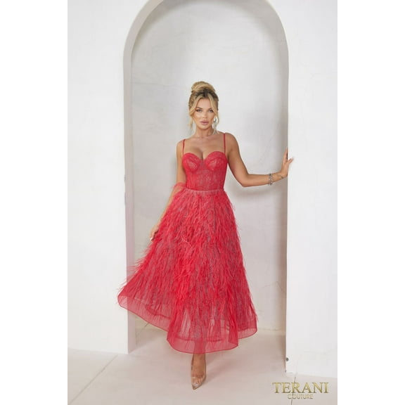 Terani Couture 241P2022 Tea Length A-Line Feather Prom 2026 Dress Christmas - New Year Holiday Red 16