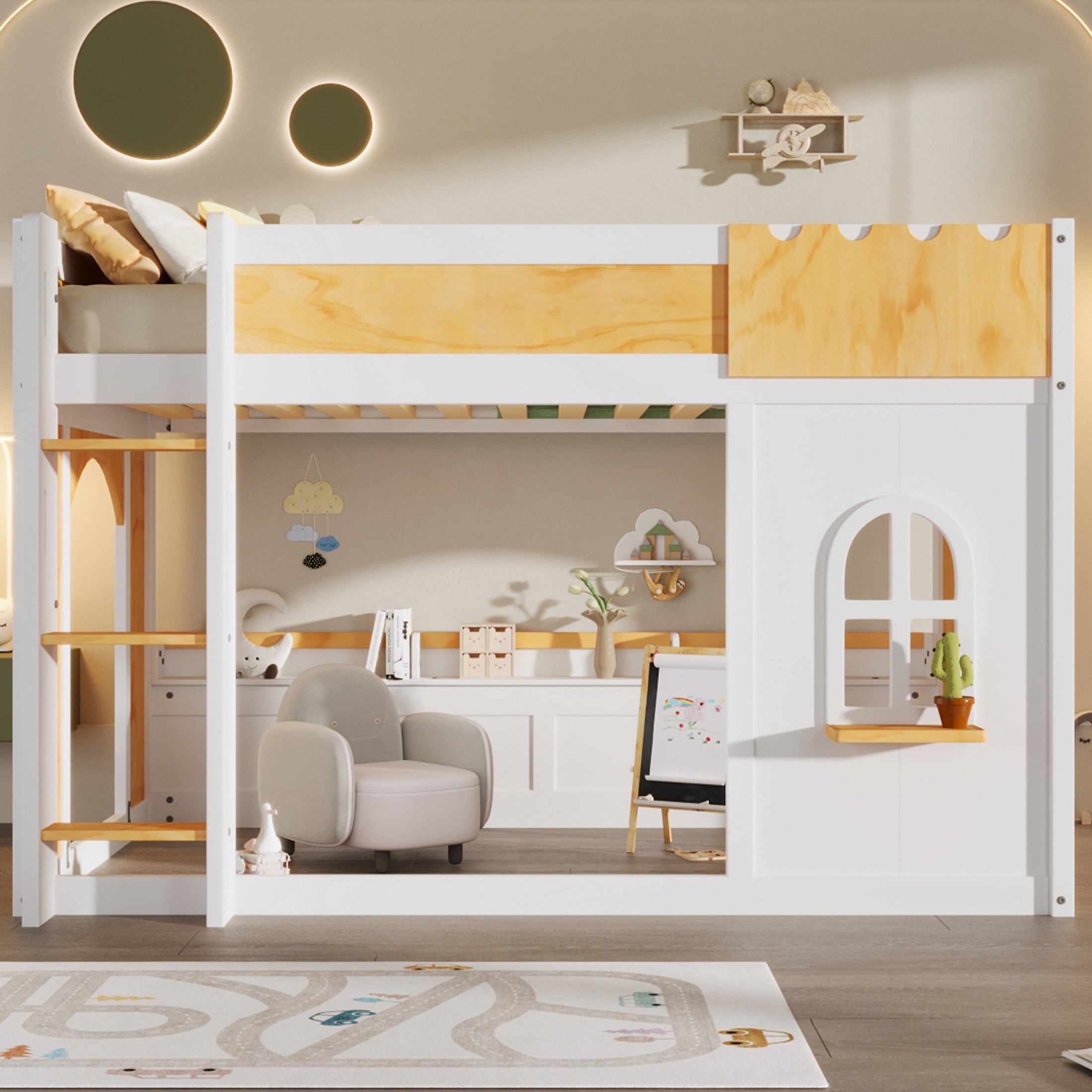 Noble House Thelma Twin over Twin Bunk Bed, Playhouse Design with Storage Shelves and Window, White and Natural