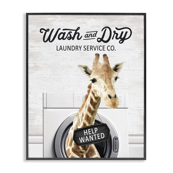 Stupell Industries Wash & Dry Laundry Giraffe Quotes and Sayings Painting Black Framed Art Print Wall Art, 11 x 14