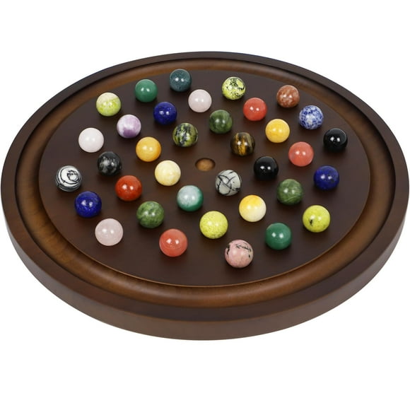 Medikaison Large Solitaire Game Handmade Solid Wooden Marble Board Game Set with 36 Natural Marble Marbles Classic Thick Round Board Games for Adults Game Night (Walnut, Medium)