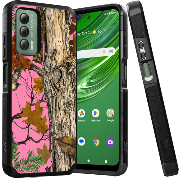 ANJ Shockproof Dual Layer Slim Hard Case Tempered Glass Cover Compatible with Cricket Outlast, AT&T Jetmore - Pink Tree Camo 3
