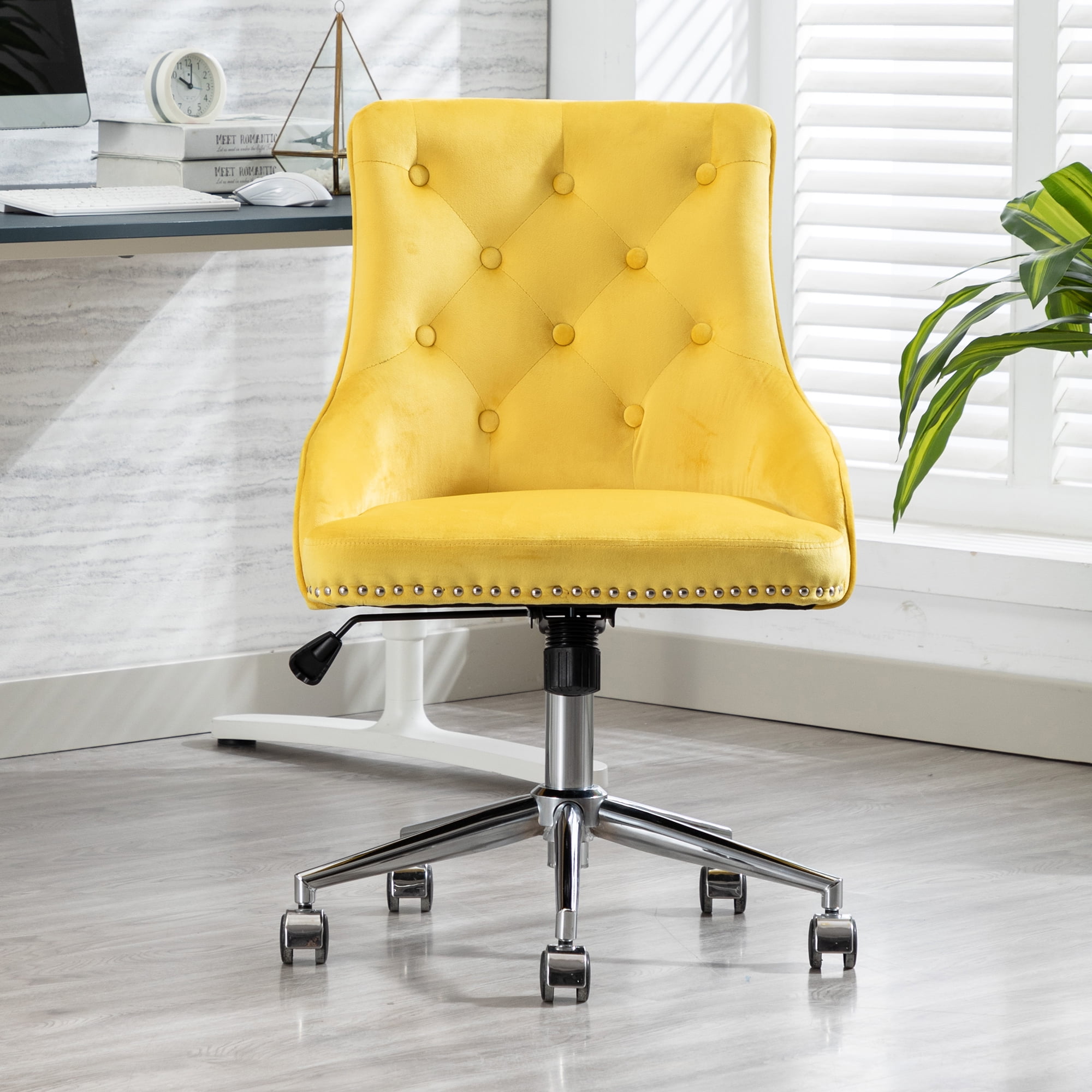 Velvet Office Chair, Modern Rolling Swivel Office Desk Chair, Yellow