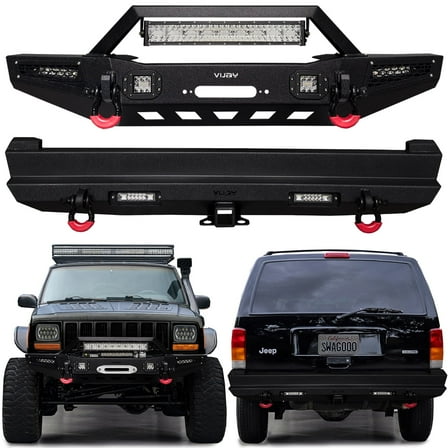 Vijay Compatible with 1984-2001 Jeep Cherokee XJ Front and Rear Bumper Textured Black Steel with Light and D-ring